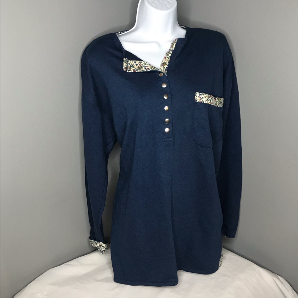 Chic Blue Pullover Top Vintage Trim Button Detail Long Sleeve Size L
